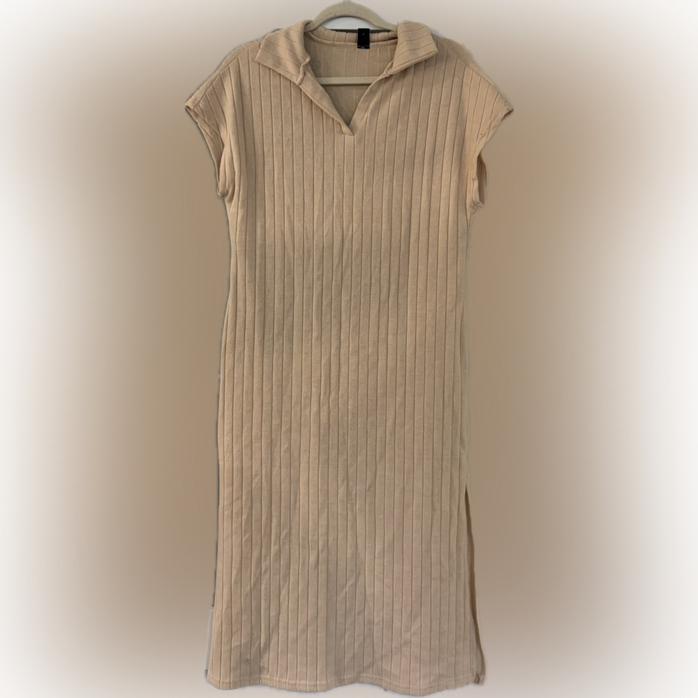 Beige Cream Ribbed Midi Dress - Picture 15 of 15